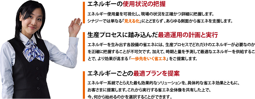 エネルギーコストの使用状況の把握、生産プロセスに踏み込んだ最適運用の計画と実行、エネルギーごとの最適プランを提案