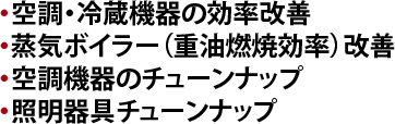 空調・冷蔵機器の効率改善/蒸気ボイラー（重油燃焼効率）改善/空調機器のチューンナップ/照明器具チューンナップ